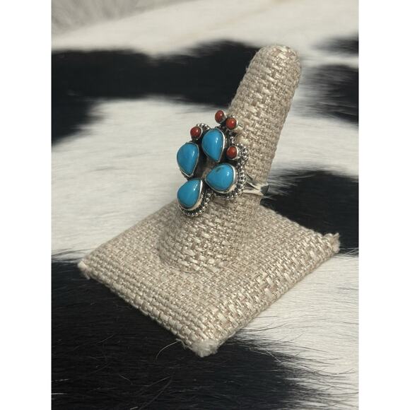 Native American Sterling Silver Blue Turquoise Red Coral Prickly Cactus Ring 9 - Picture 3 of 10
